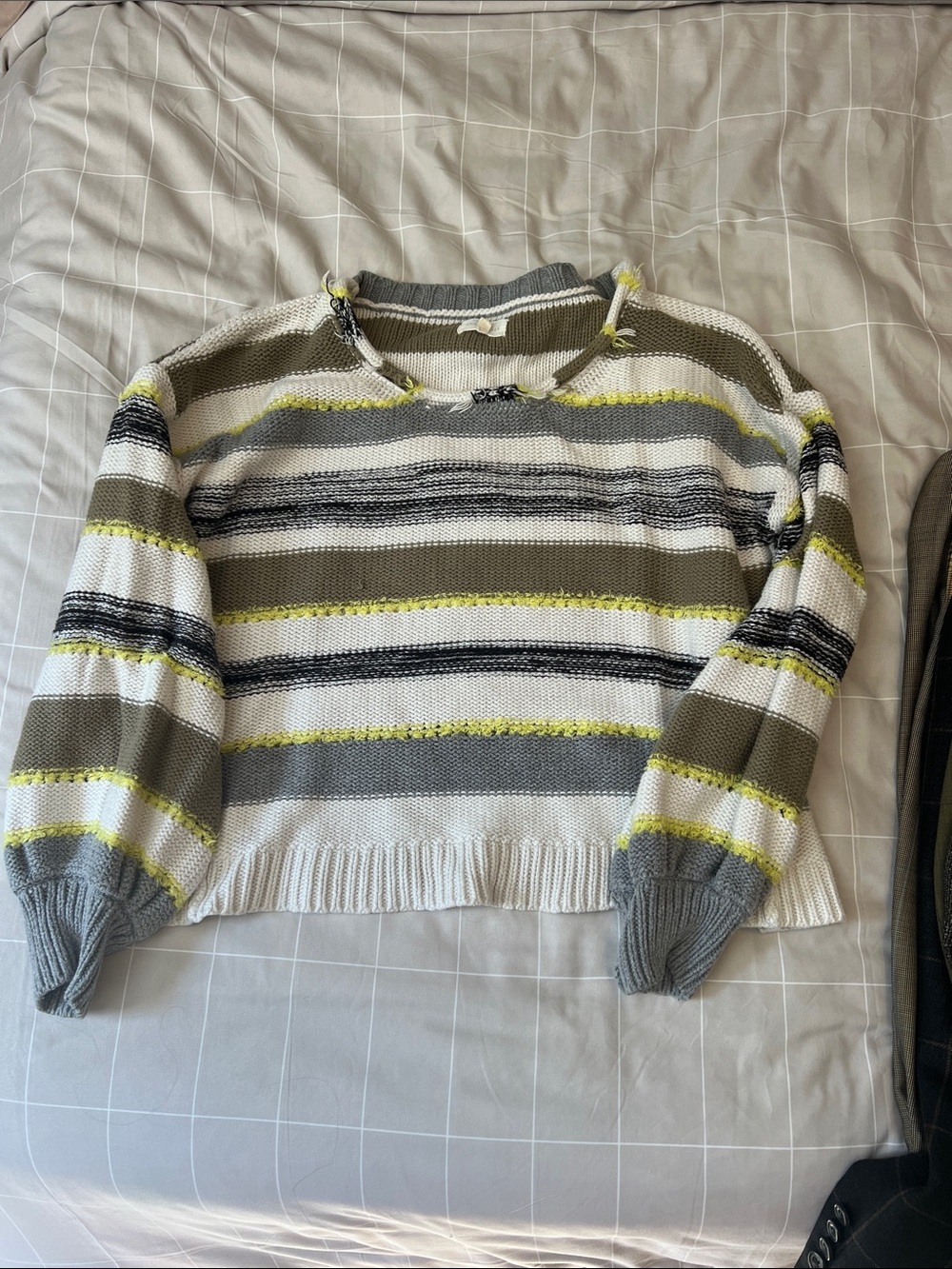 Lou & Grey Textured Striped Crewneck Sweater in White, Gray & Olive